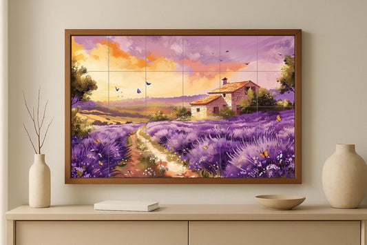 "Lavender Sunset" tile mural: Country road with cabin, butterflies and a warm sky in shades of violet and gold