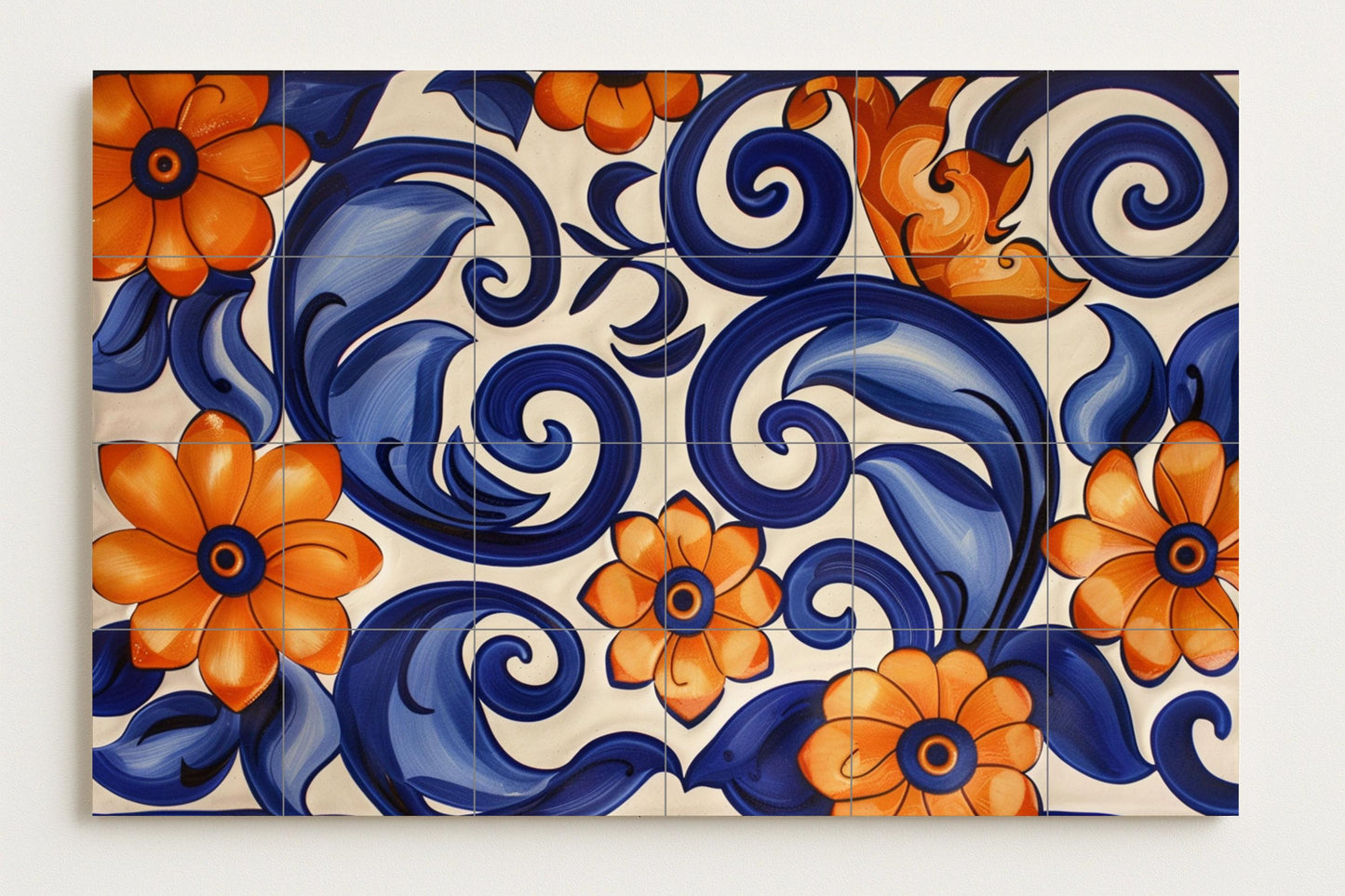 Mediterranean floral mural • Tile mural art with Iberian swirls • Terracotta blue decoration • Traditional ceramic panel • Classic floral scene with scrolls