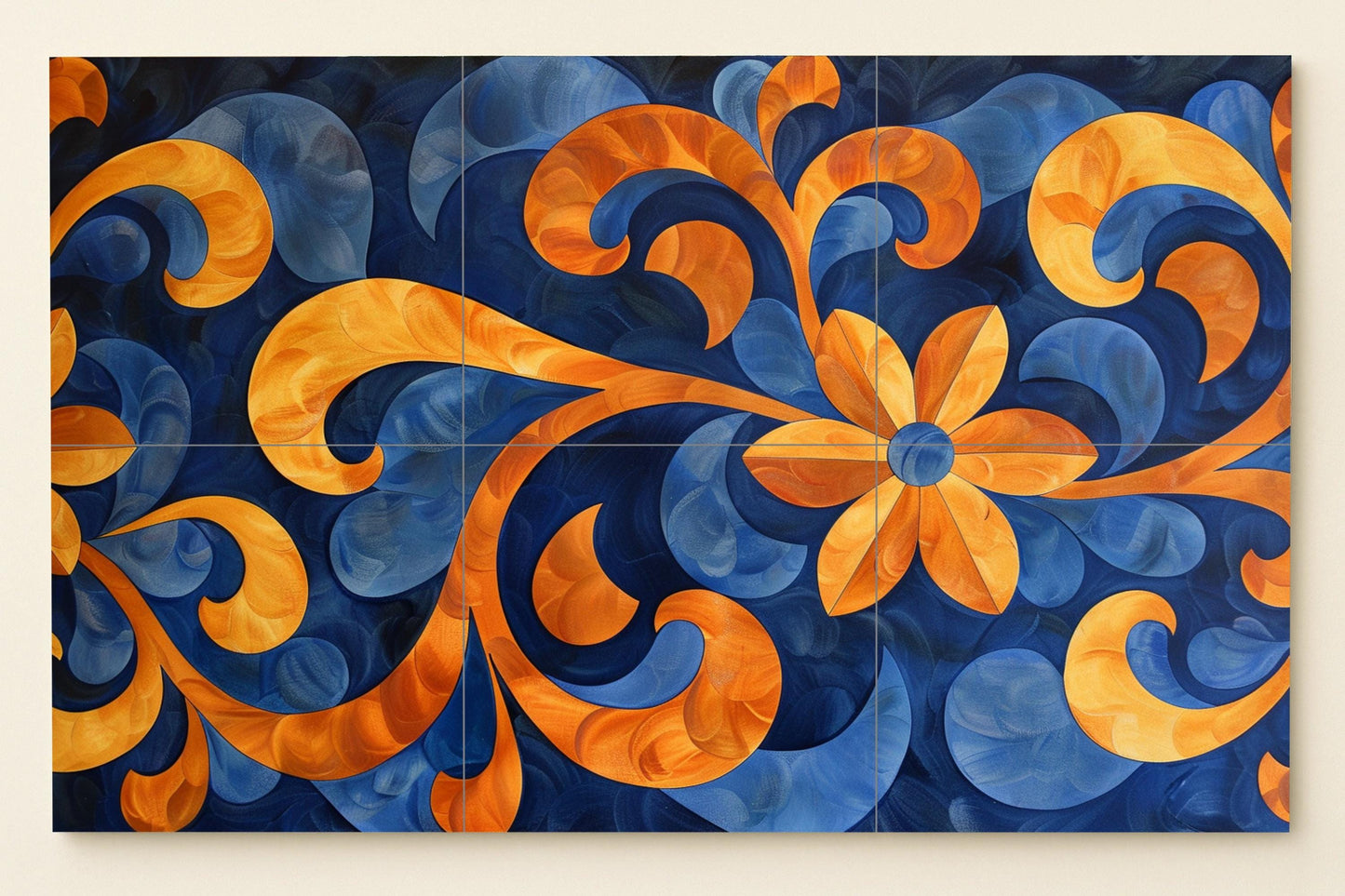 Floral mural • Ornamental tile wall art • Sapphire and amber decor • Modern swirling panel • Striking ceramic motif • Symmetrical flower scene