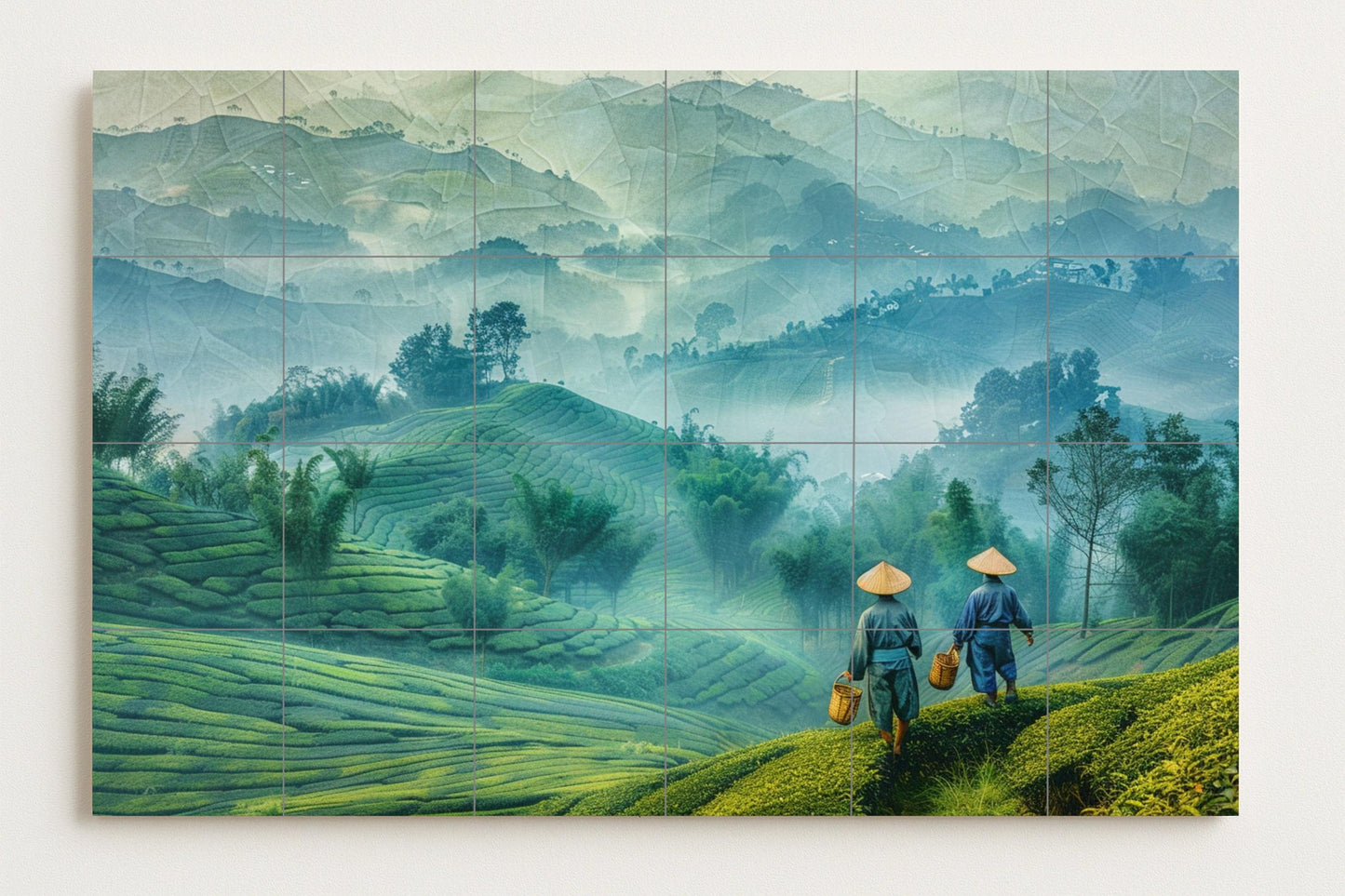 Terraced Field Mural • Southeast Green Tile Wall Art • Misty Hill Decor • Agricultural Valley Panel • Earth Rhythm Pottery • Bamboo Crest Scene
