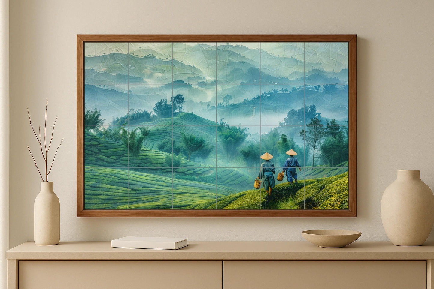 Terraced Field Mural • Southeast Green Tile Wall Art • Misty Hill Decor • Agricultural Valley Panel • Earth Rhythm Pottery • Bamboo Crest Scene