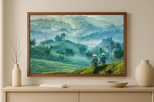 Terraced Field Mural • Southeast Green Tile Wall Art • Misty Hill Decor • Agricultural Valley Panel • Earth Rhythm Pottery • Bamboo Crest Scene