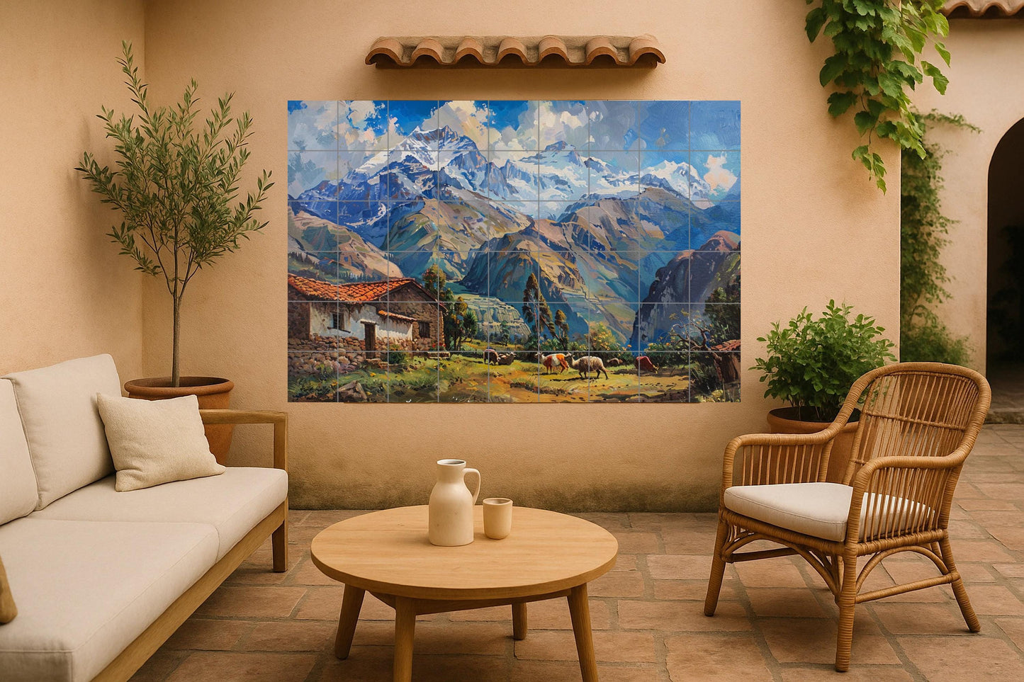 Andean Valley Mural • Mountain Village Tile Wall Art • Rustic Deck Decor • Pastoral Ridge Panel • Highland Farmhouse Pottery • Stone Dwelling