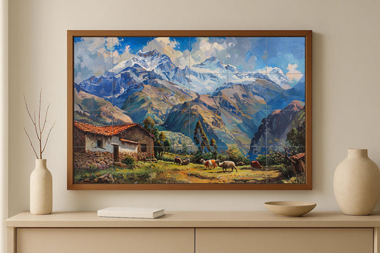 Andean Valley Mural • Mountain Village Tile Wall Art • Rustic Deck Decor • Pastoral Ridge Panel • Highland Farmhouse Pottery • Stone Dwelling