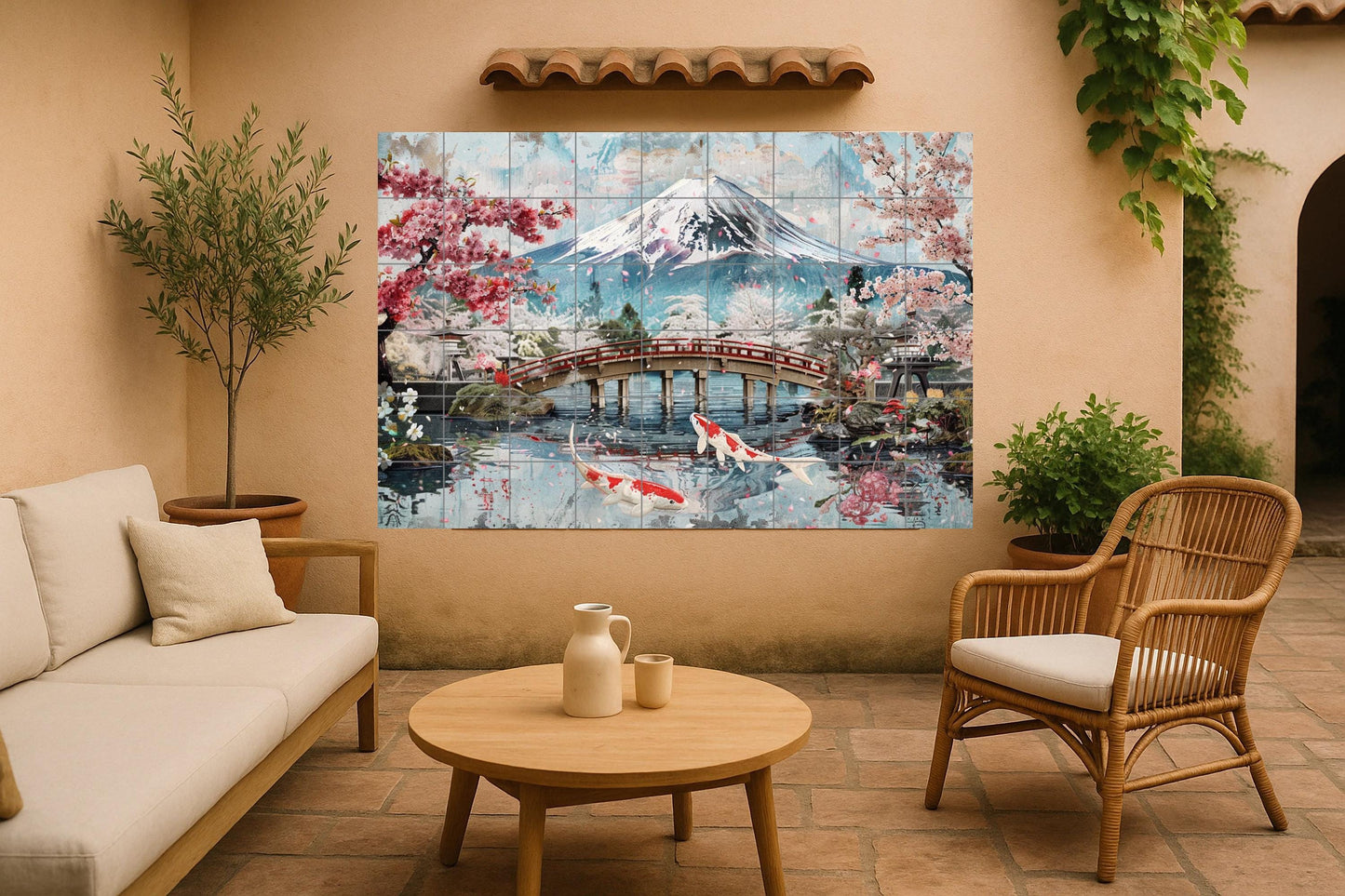 Japanese garden mural • Sakura koi tile wall art • Zen bridge decoration • Mount Fuji panel • Spring pond ceramic • Tranquil nature scene