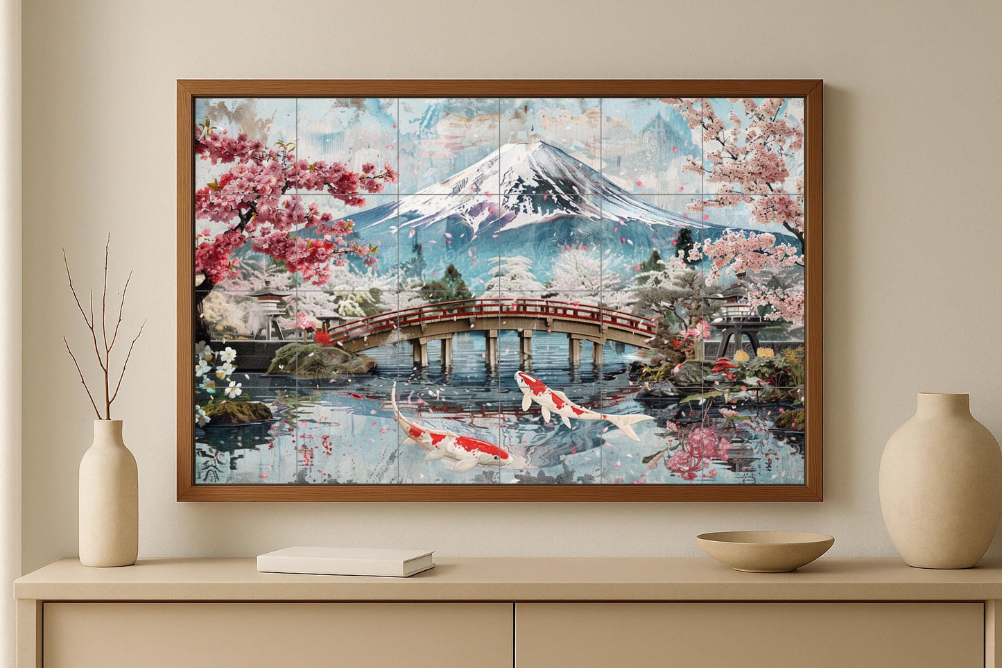 Japanese garden mural • Sakura koi tile wall art • Zen bridge decoration • Mount Fuji panel • Spring pond ceramic • Tranquil nature scene