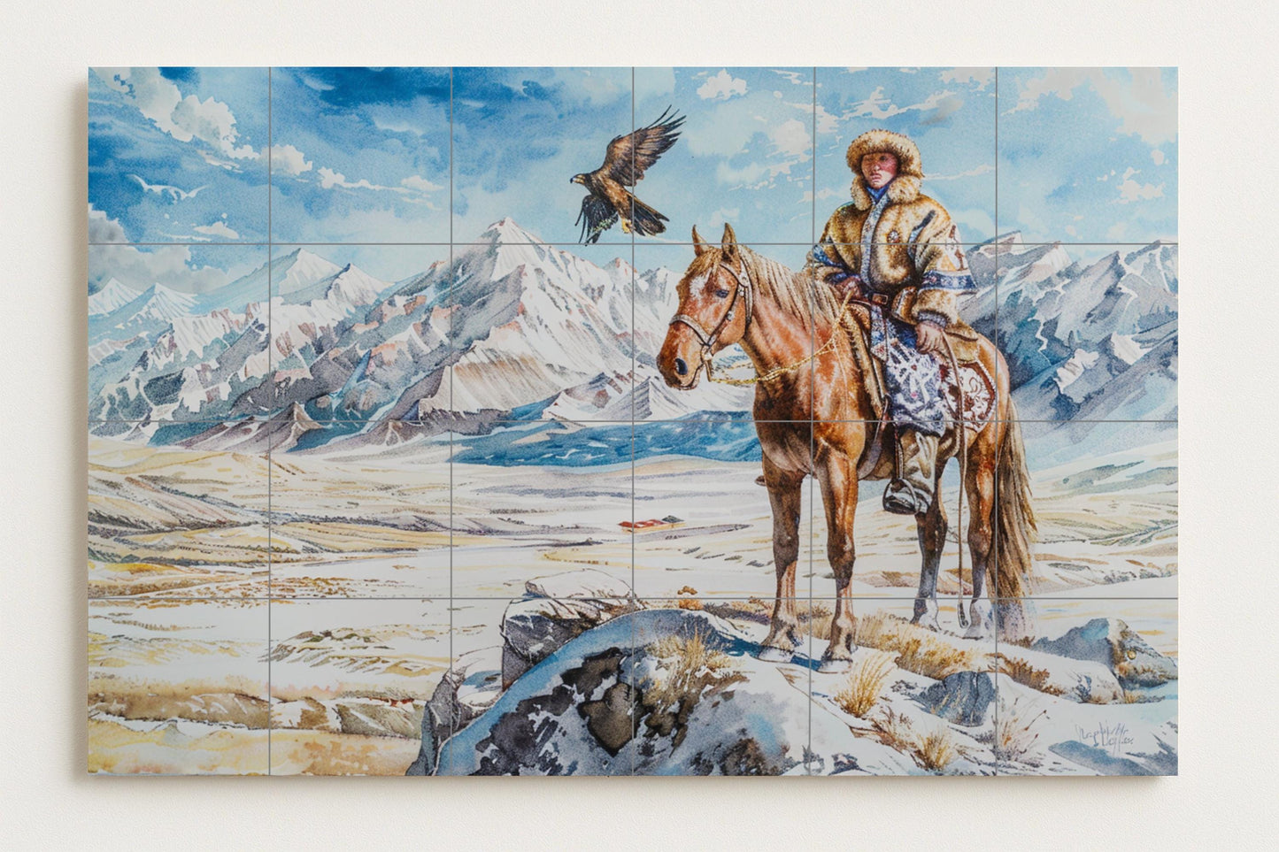 Nomadic Rider Mural • Mountain Steppe Tile Mural Art • Equestrian Border Decor • Snowy Landscape Panel • Mongolian Spirit Pottery