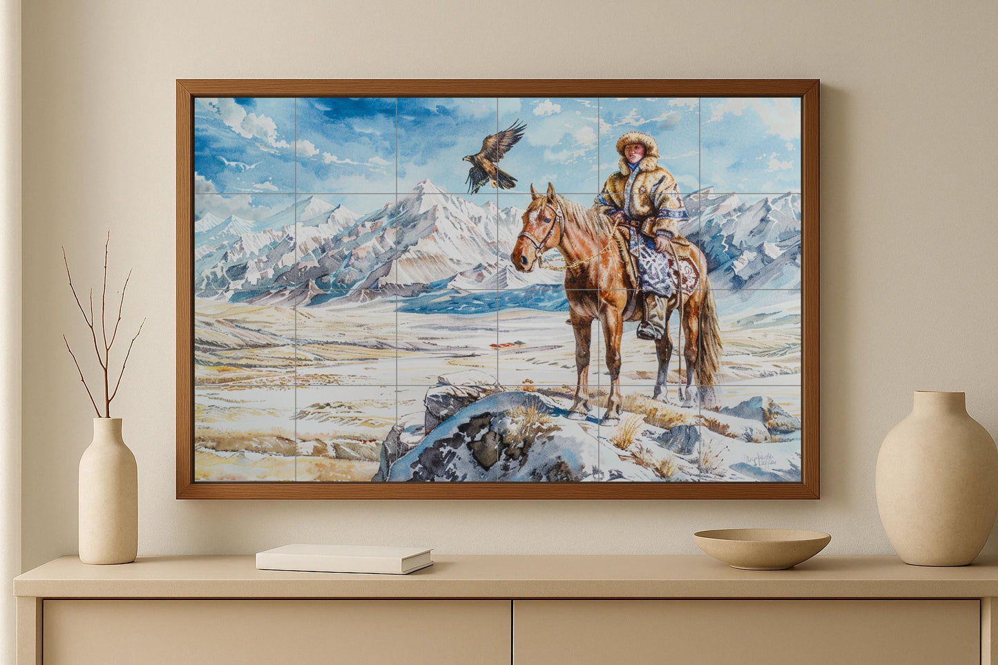 Nomadic Rider Mural • Mountain Steppe Tile Mural Art • Equestrian Border Decor • Snowy Landscape Panel • Mongolian Spirit Pottery
