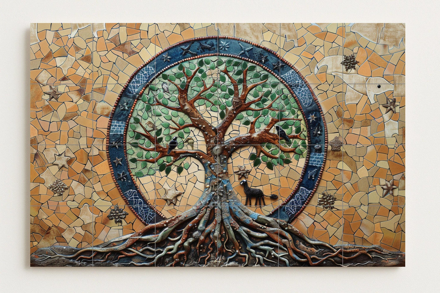 Tree of Life Mural • Earth Roots Tile Mural Art • Symbolic Nature Panel • Celestial Mosaic Decoration • Mythical Forest Ceramics • Animal Spirit