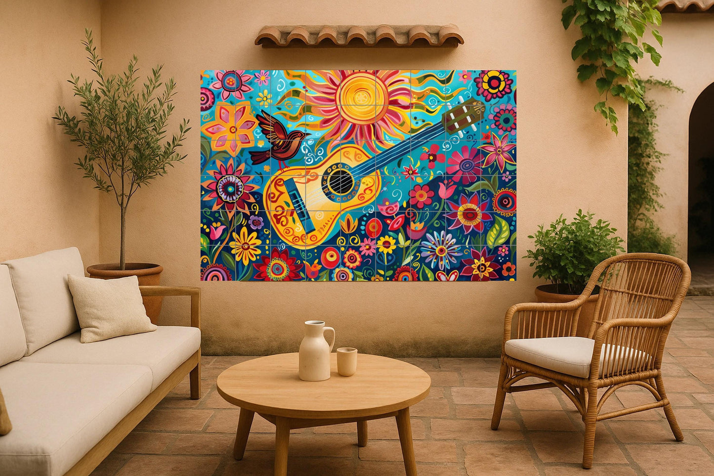 Folk guitar mural • Mexican floral tile mural art • Colorful musical decor • Latin folk panel • Festival kitchen piece • Bohemian musical fusion