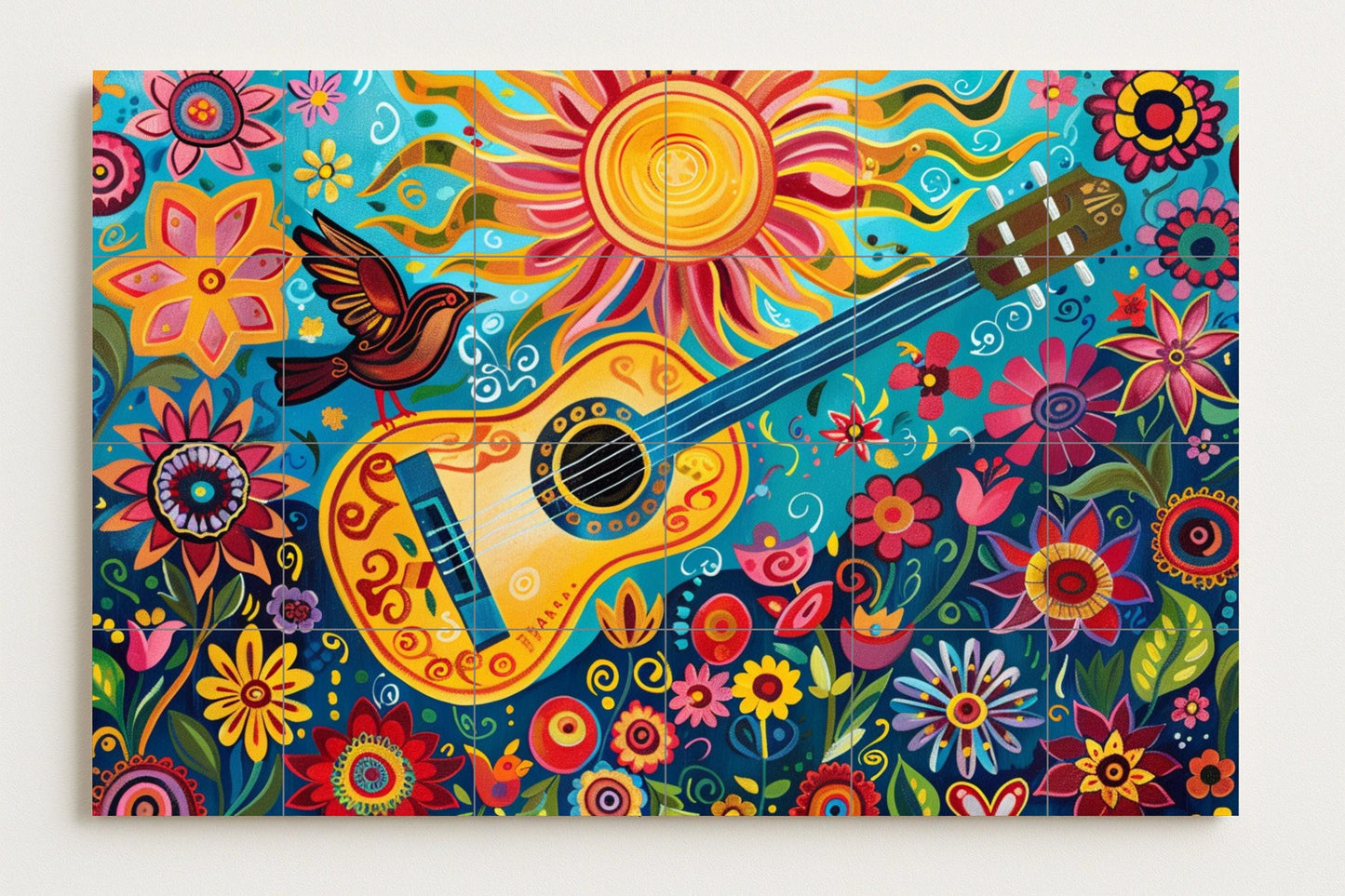 Folk guitar mural • Mexican floral tile mural art • Colorful musical decor • Latin folk panel • Festival kitchen piece • Bohemian musical fusion