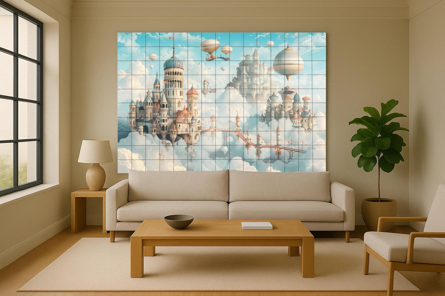 Floating Palace Mural • Celestial Kingdom Tile Wall Art • Dream Castle Decor • Fantasy Blimp Panel • Celestial Bridge Ceramics • Whimsical World