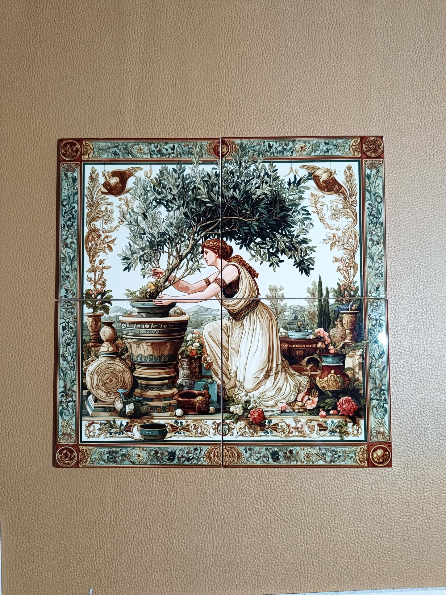 Roman goddess tile mural / Mediterranean mythology decor / Olive tree wall art / Classic ceramic accent / Handcrafted Roman tile