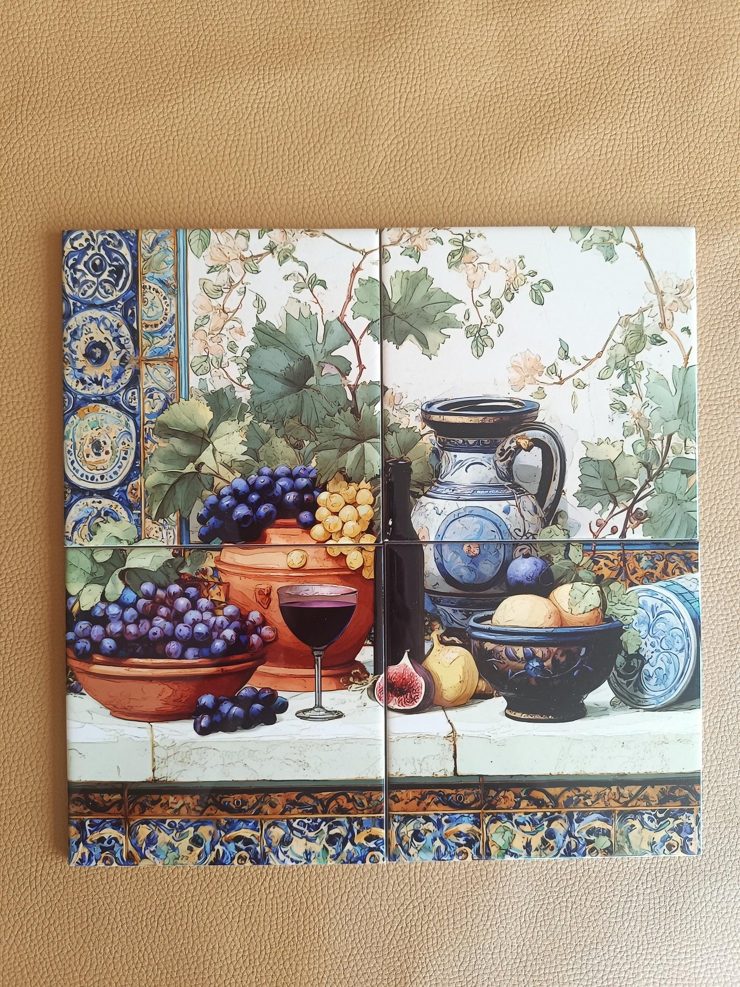 Mediterranean vineyard tile mural / Spanish still life decor / Ceramic wall art / Tiles with wine and grape accents / Handmade ceramics