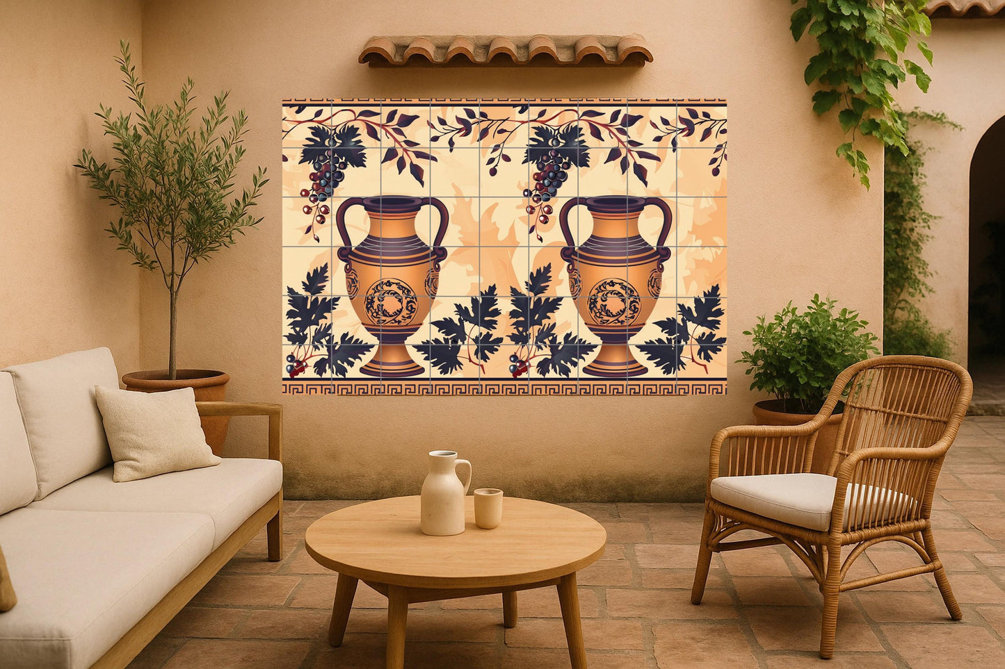 Greek amphora tile mural • Ancient ceramic and vine wall art • Mediterranean ceramic panel with Attic wine motif decoration