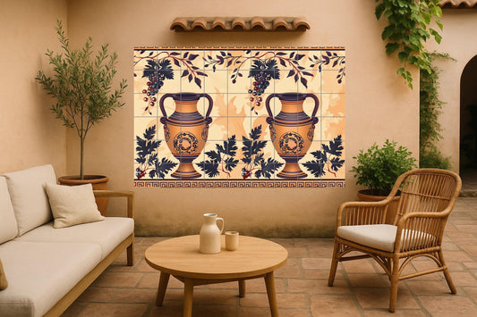 Greek amphora tile mural • Ancient ceramic and vine wall art • Mediterranean ceramic panel with Attic wine motif decoration