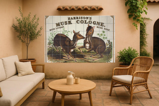 Vintage musk cologne mural • Victorian animal advertisement tile art • Antique perfume panel • Quirky ceramic deer illustration • Soap label wall decor
