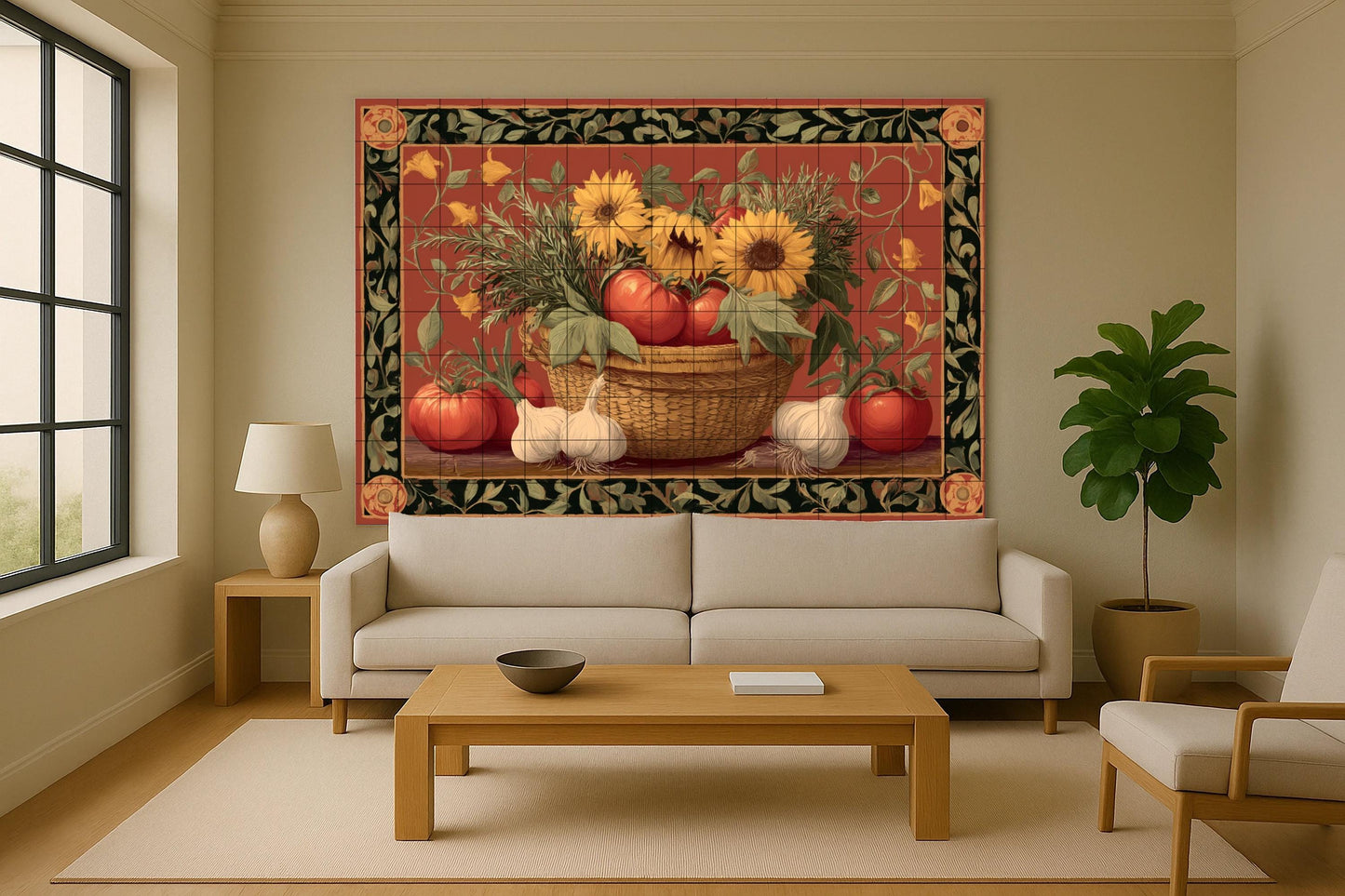 Kitchen mural with sunflowers and tomatoes • Rustic Italian tile panel with garlic, herbs and basket • Popular Mediterranean ceramic decoration