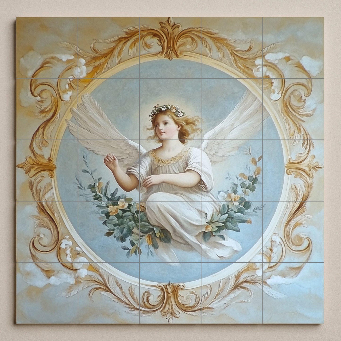 Renaissance Angel Ceramic Mural: Baroque fresco with golden ornaments and celestial grace, classic tile art for wall.