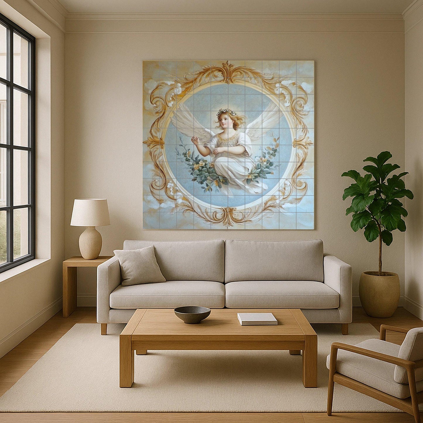 Renaissance Angel Ceramic Mural: Baroque fresco with golden ornaments and celestial grace, classic tile art for wall.