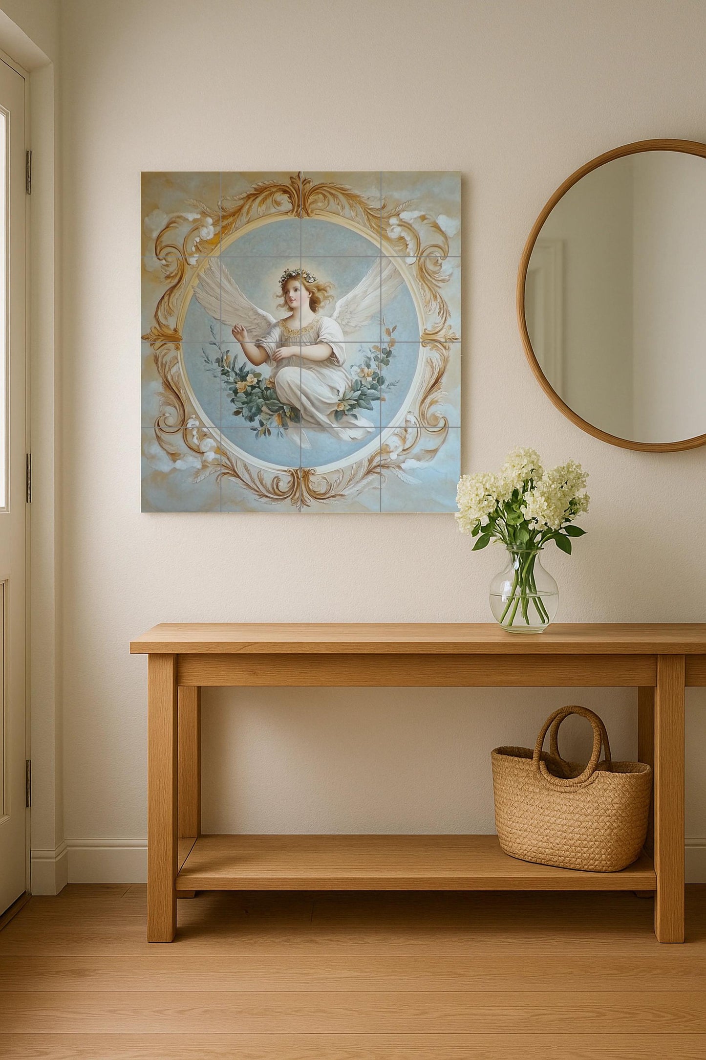Renaissance Angel Ceramic Mural: Baroque fresco with golden ornaments and celestial grace, classic tile art for wall.