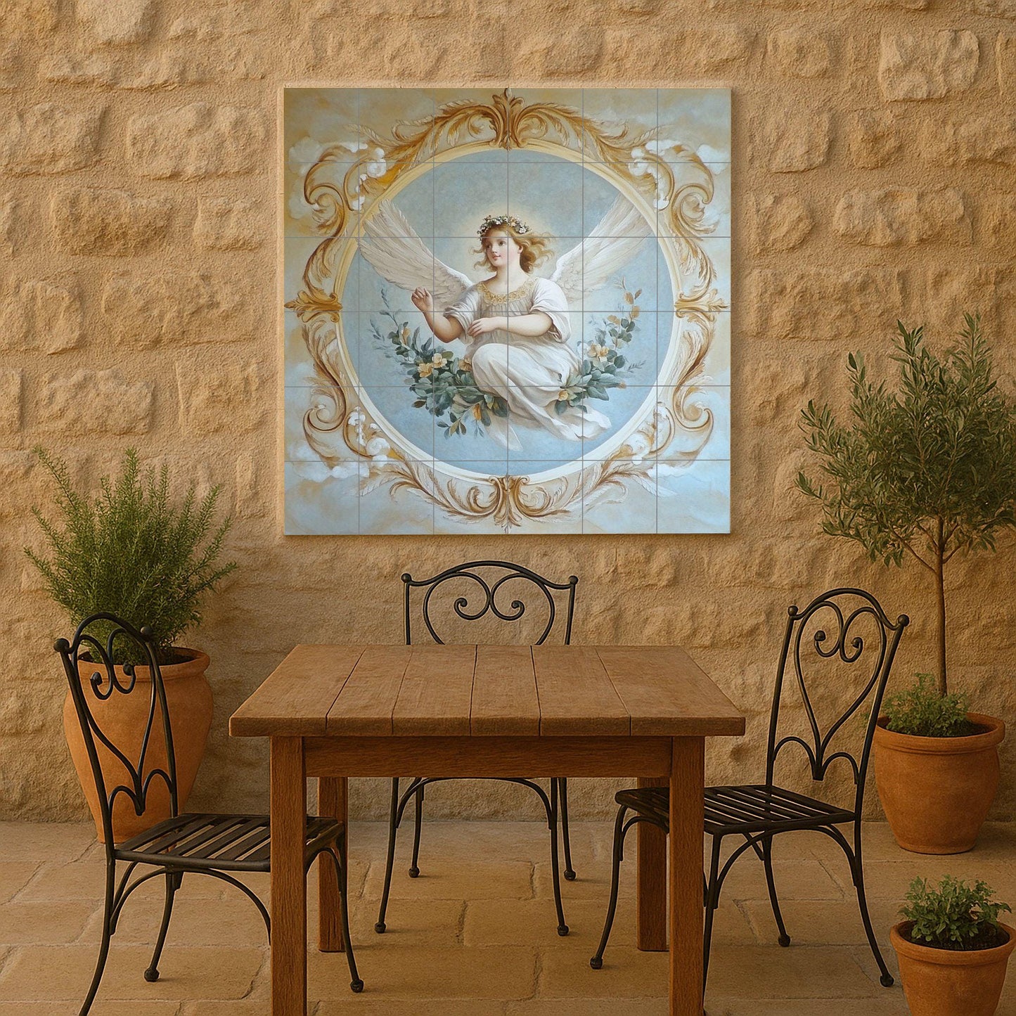 Renaissance Angel Ceramic Mural: Baroque fresco with golden ornaments and celestial grace, classic tile art for wall.