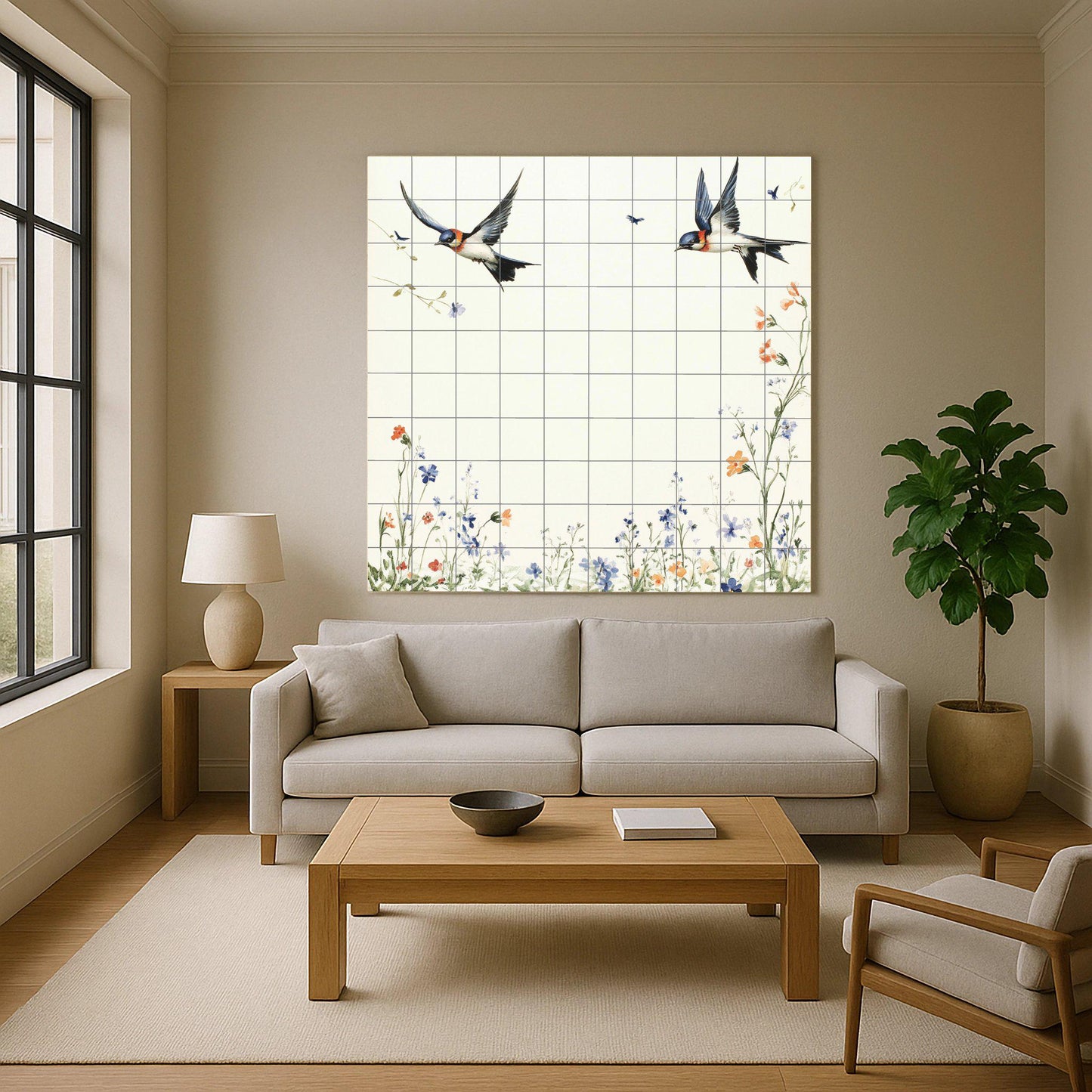 Ceramic mural "Spring Swallows": Minimalist European tile with birds in flight and a meadow of wildflowers, mural art inspired by nature.