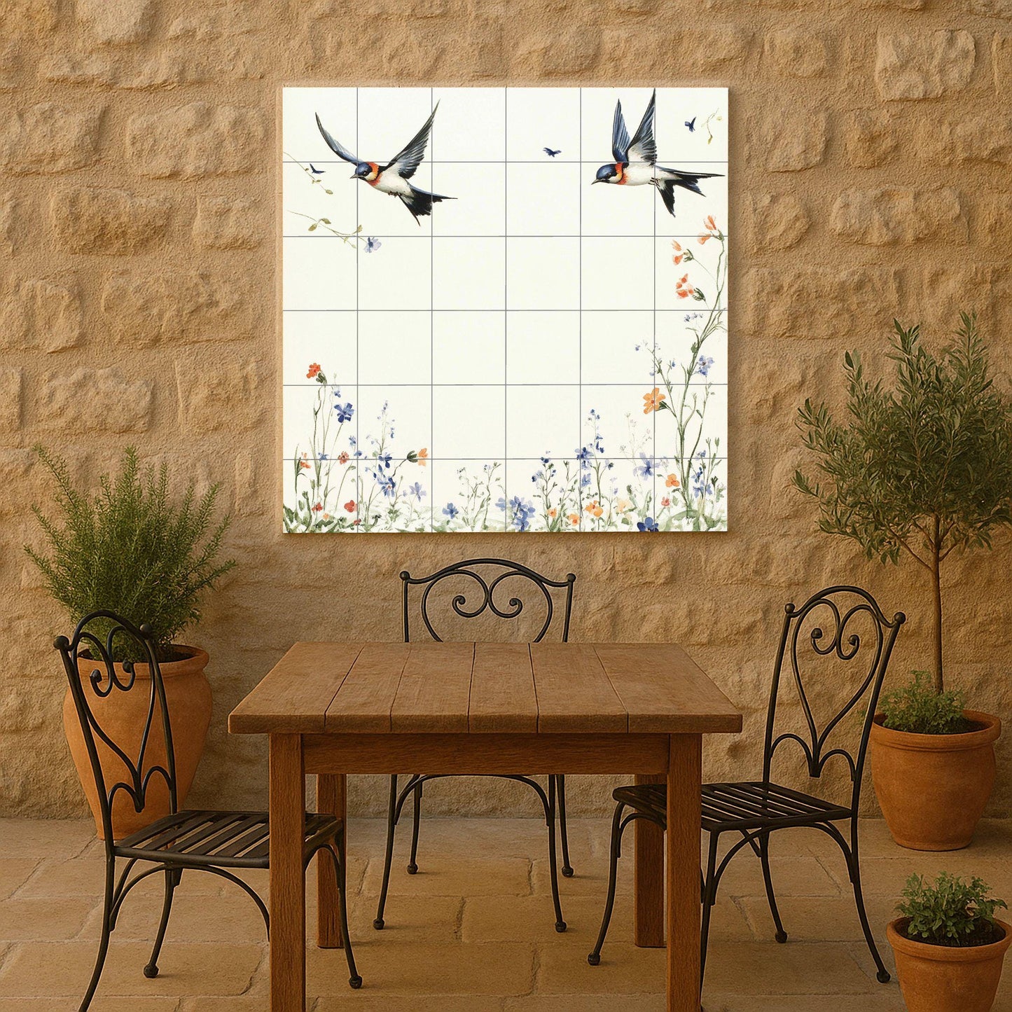 Ceramic mural "Spring Swallows": Minimalist European tile with birds in flight and a meadow of wildflowers, mural art inspired by nature.