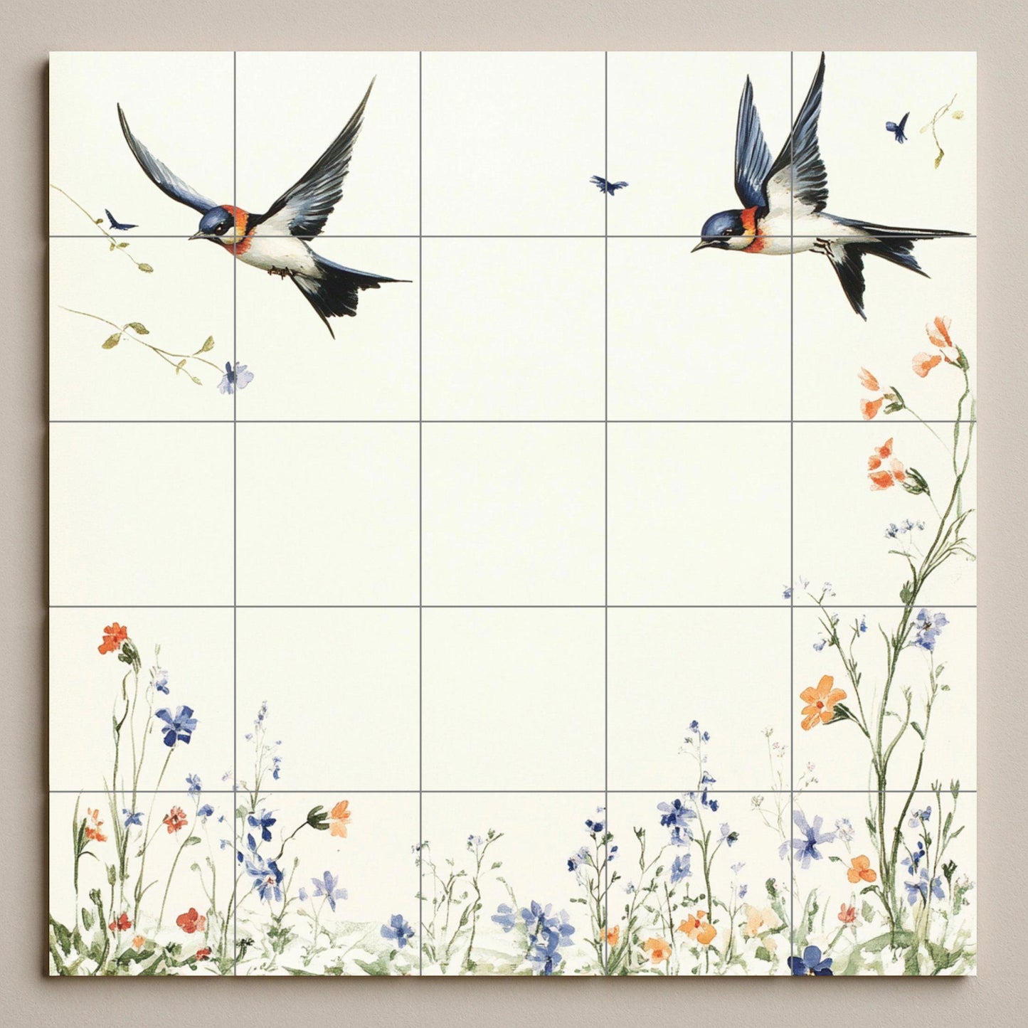 Ceramic mural "Spring Swallows": Minimalist European tile with birds in flight and a meadow of wildflowers, mural art inspired by nature.