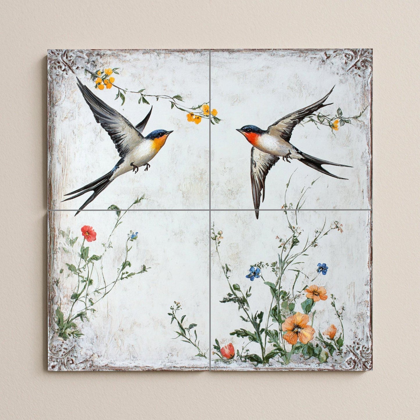 Ceramic mural "Swallows in flight": Birds and wildflowers of the European countryside, vintage art inspired by nature.