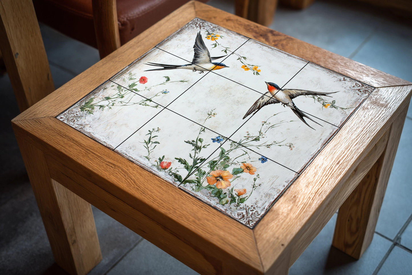 Ceramic mural "Swallows in flight": Birds and wildflowers of the European countryside, vintage art inspired by nature.