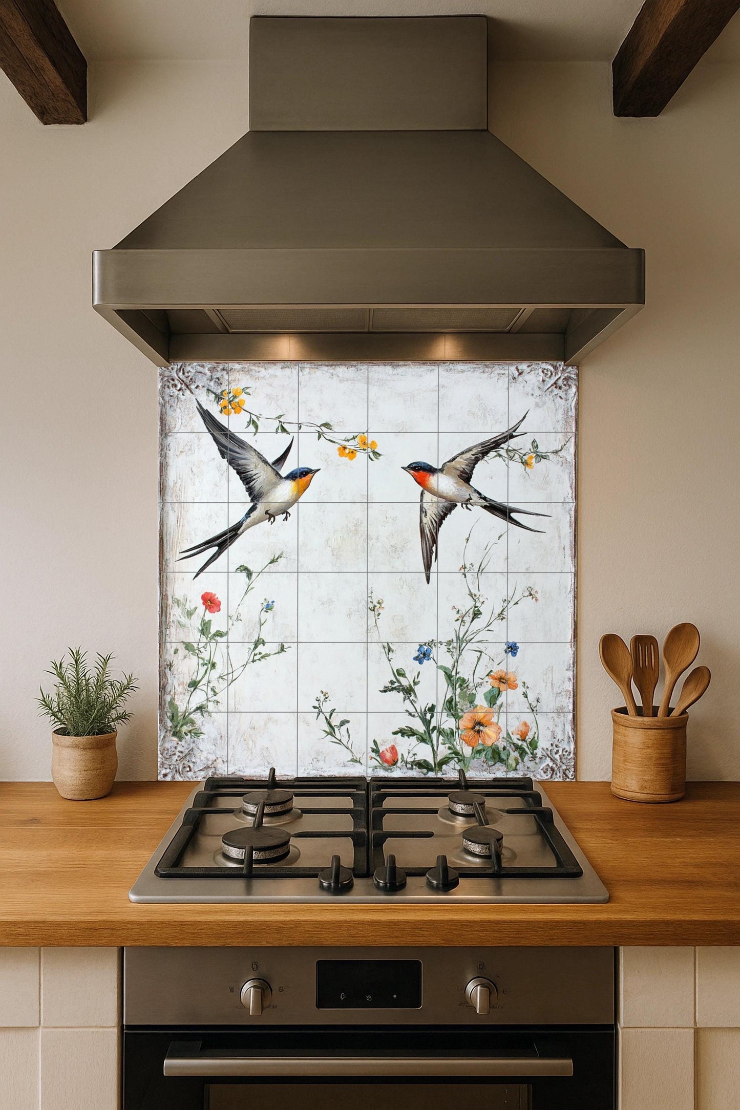 Ceramic mural "Swallows in flight": Birds and wildflowers of the European countryside, vintage art inspired by nature.