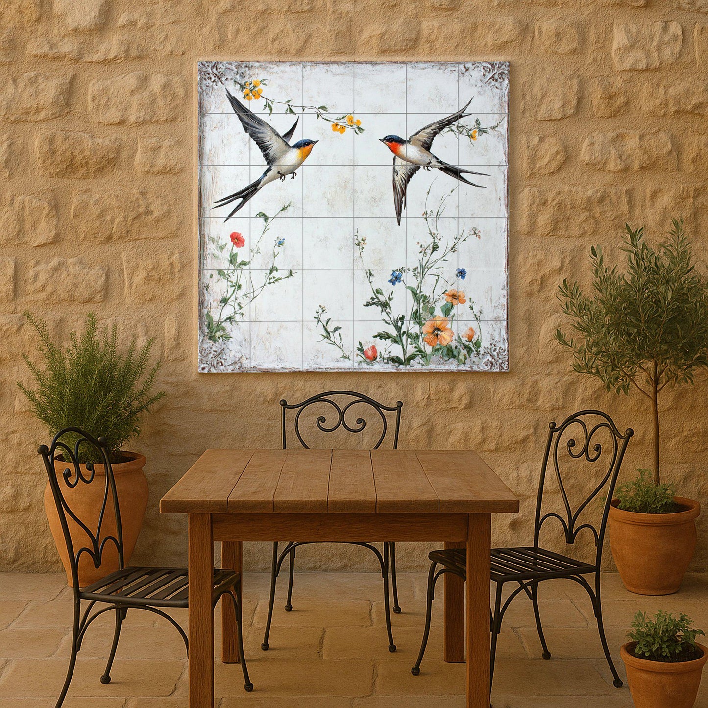 Ceramic mural "Swallows in flight": Birds and wildflowers of the European countryside, vintage art inspired by nature.