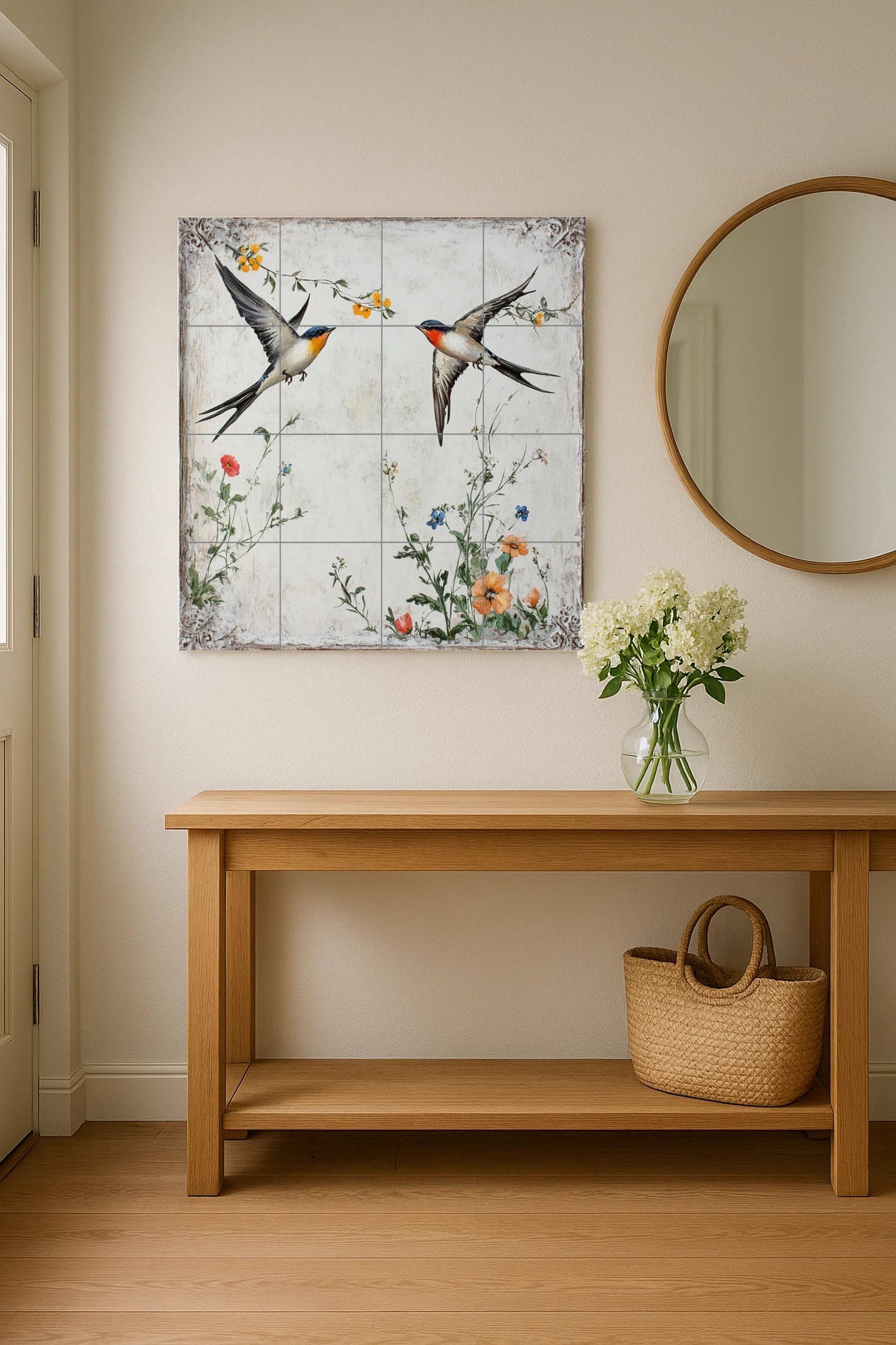 Ceramic mural "Swallows in flight": Birds and wildflowers of the European countryside, vintage art inspired by nature.