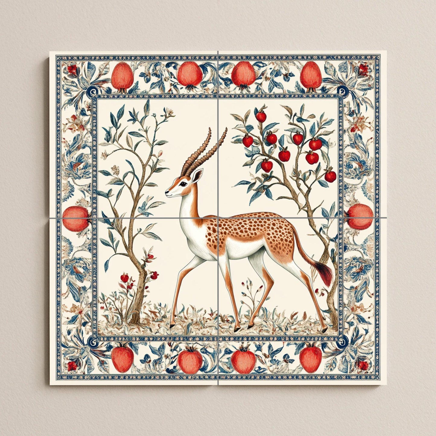 Ceramic mural of a Persian gazelle: Safavid garden art with pomegranates and ornamental foliage, decorative tile from the Middle East.