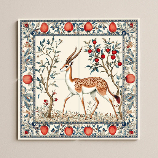 Ceramic mural of a Persian gazelle: Safavid garden art with pomegranates and ornamental foliage, decorative tile from the Middle East.