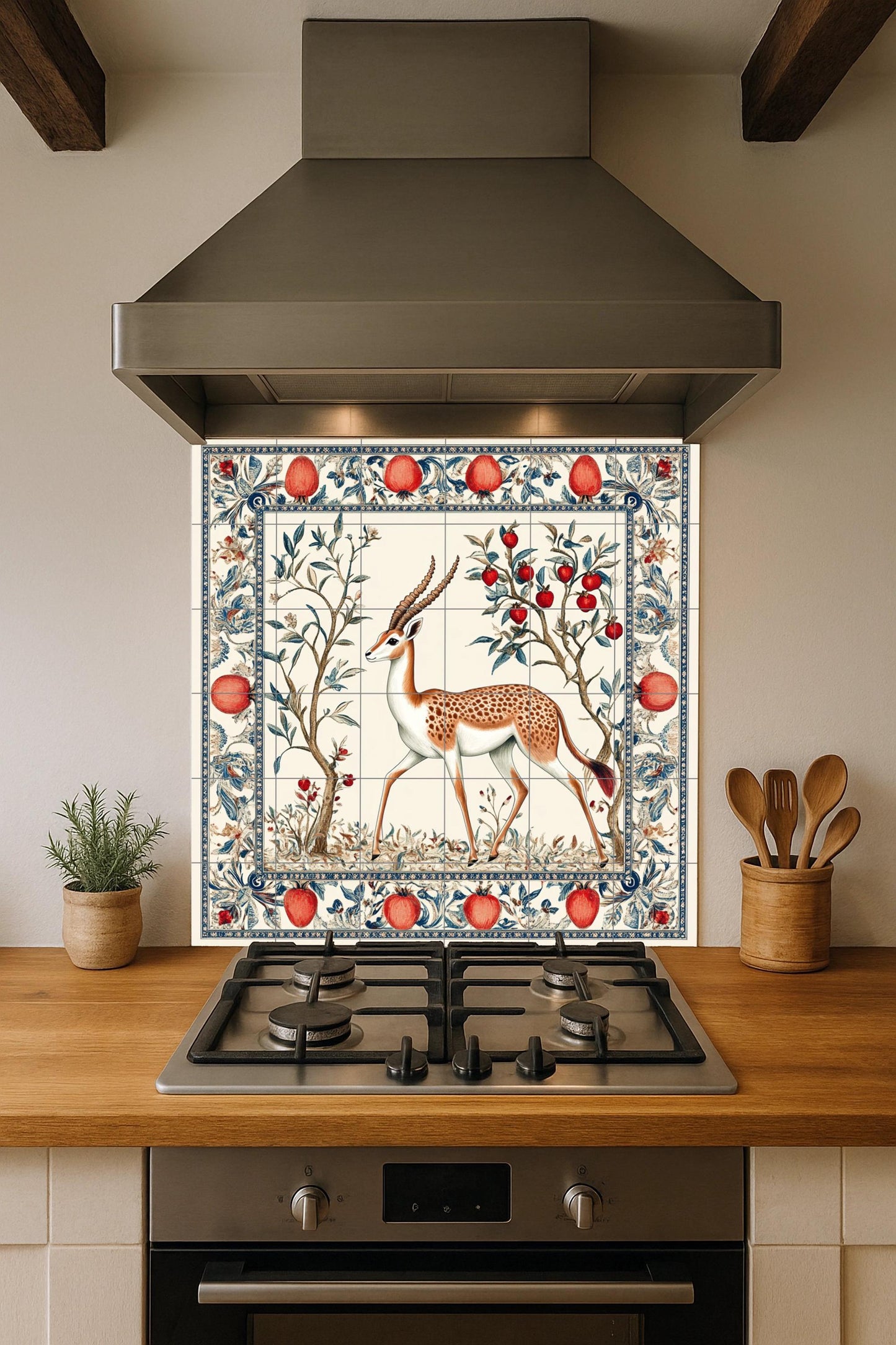 Ceramic mural of a Persian gazelle: Safavid garden art with pomegranates and ornamental foliage, decorative tile from the Middle East.