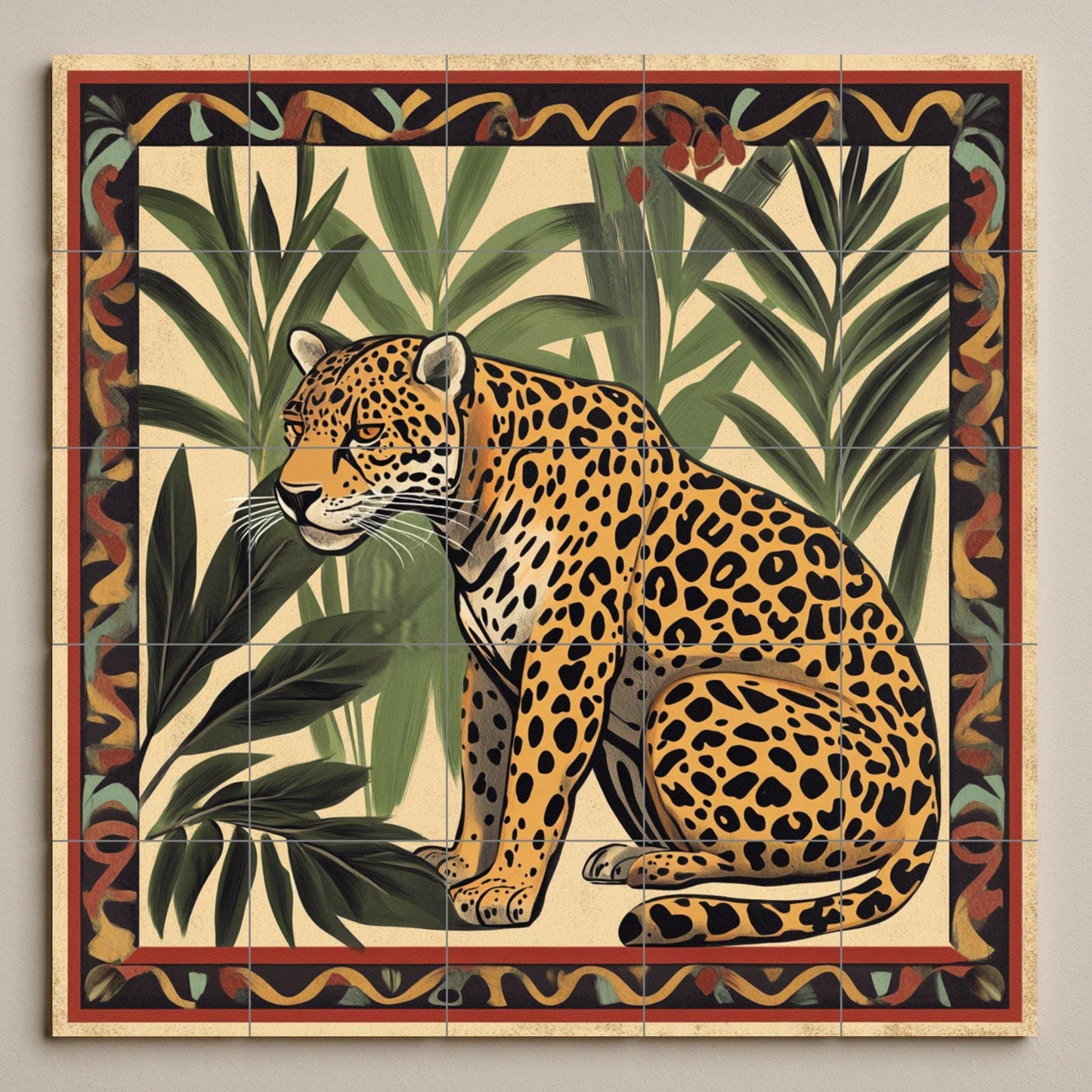 Ceramic mural of an Amazonian jaguar: Latin American jungle art with tropical palm trees and tribal border, mosaic of exotic fauna.
