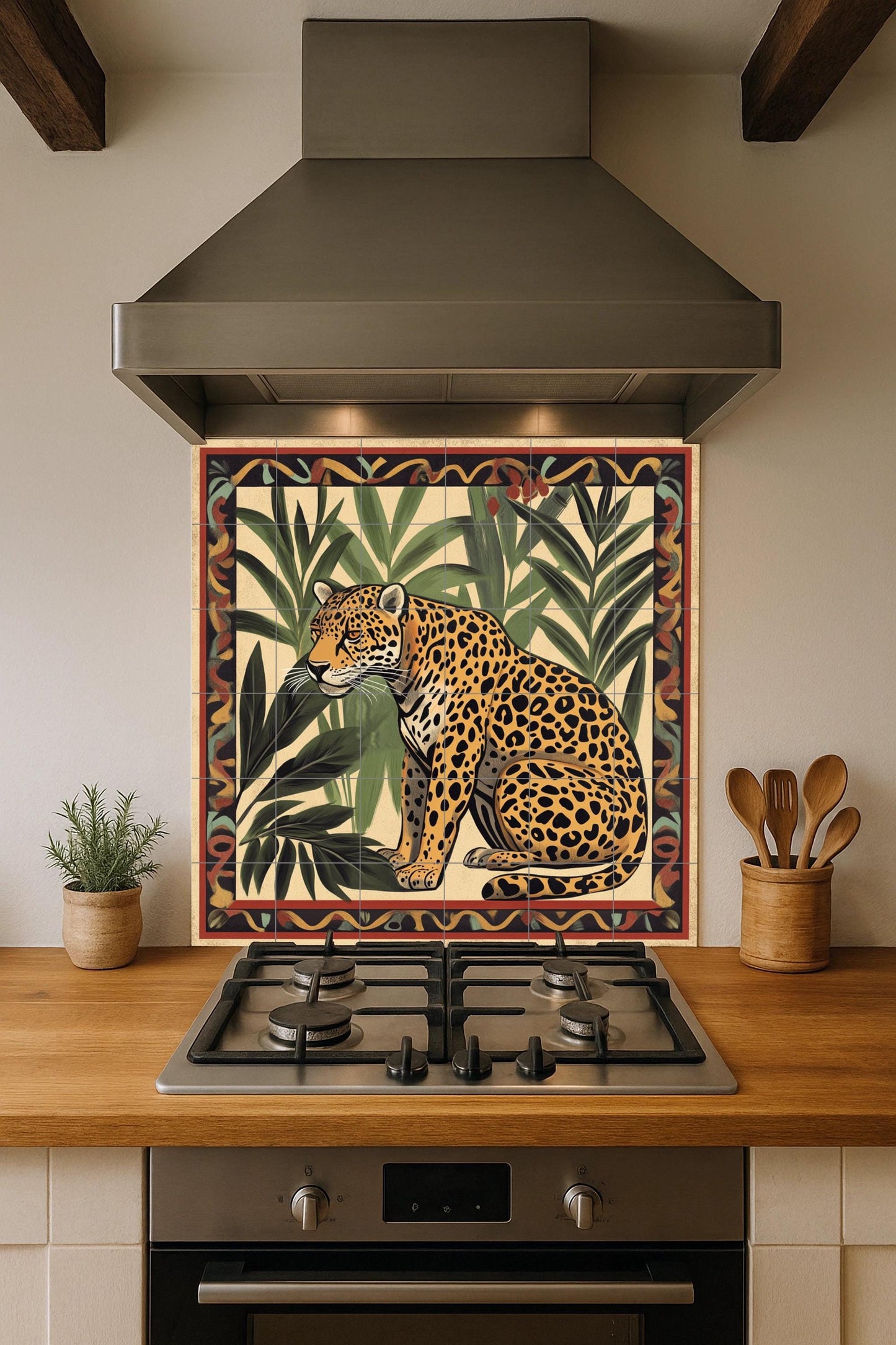 Ceramic mural of an Amazonian jaguar: Latin American jungle art with tropical palm trees and tribal border, mosaic of exotic fauna.