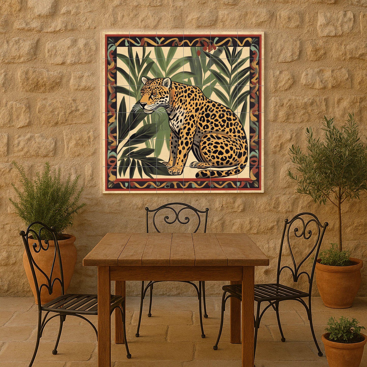 Ceramic mural of an Amazonian jaguar: Latin American jungle art with tropical palm trees and tribal border, mosaic of exotic fauna.