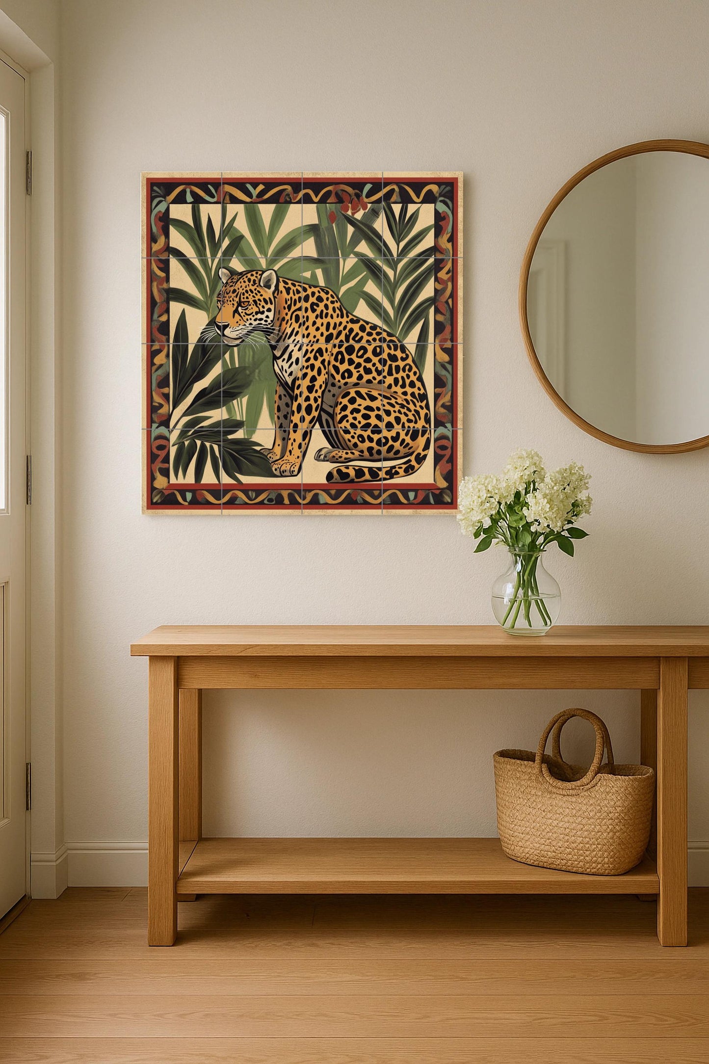 Ceramic mural of an Amazonian jaguar: Latin American jungle art with tropical palm trees and tribal border, mosaic of exotic fauna.