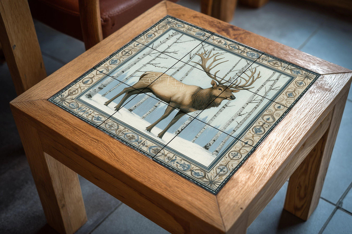 Nordic deer ceramic mural: Scandinavian winter forest with birch trees and antlered deer, blue and ivory decorative tile.