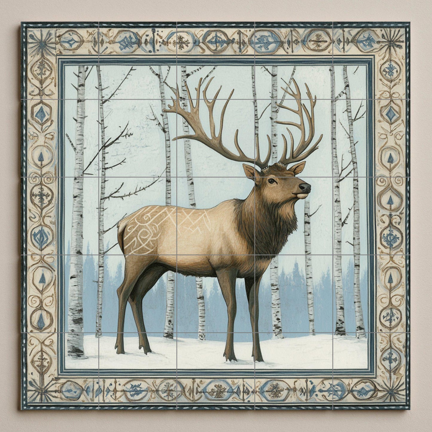 Nordic deer ceramic mural: Scandinavian winter forest with birch trees and antlered deer, blue and ivory decorative tile.