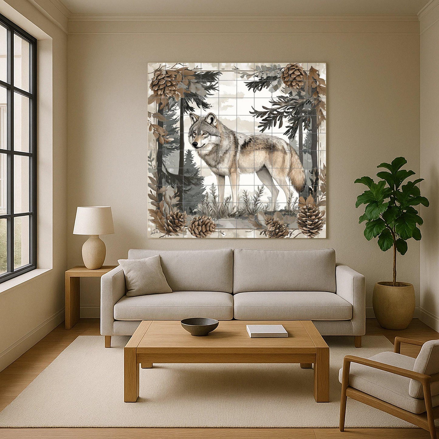 Nordic wolf ceramic mural: Scandinavian forest scene with pine trees and pine cones, nature-inspired tile art.