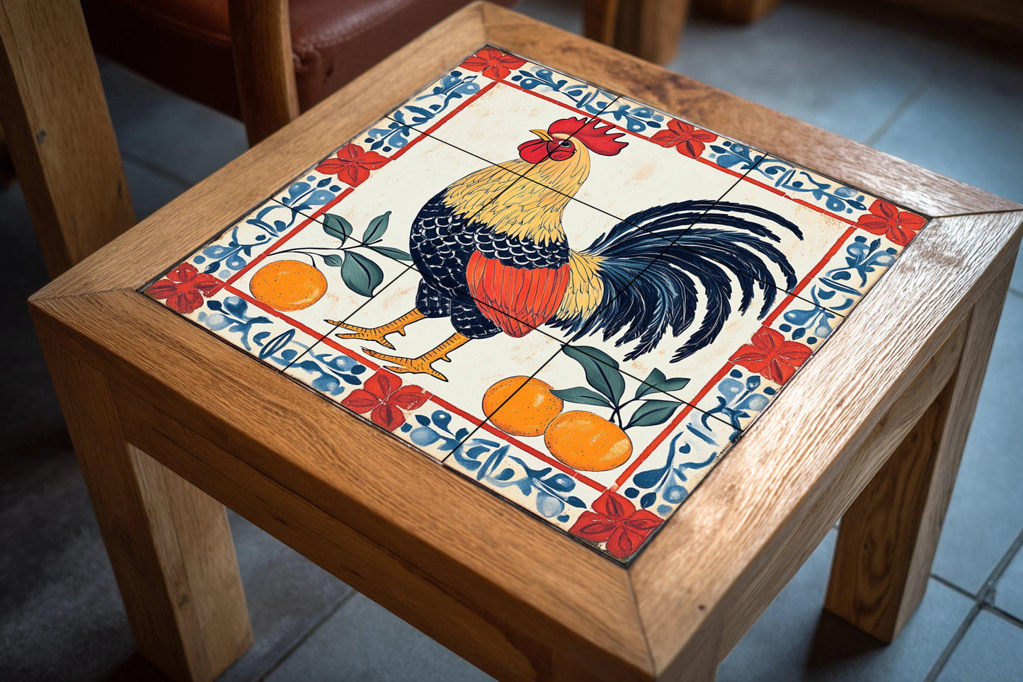 Ceramic mural of a Portuguese rooster – Folk art of the Barcelos Rooster with oranges and floral border, Iberian decorative tile