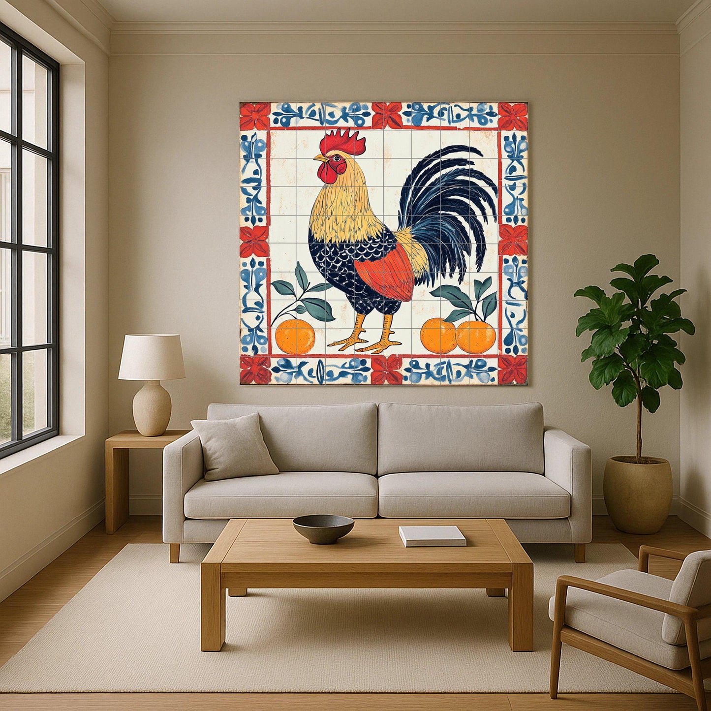 Ceramic mural of a Portuguese rooster – Folk art of the Barcelos Rooster with oranges and floral border, Iberian decorative tile