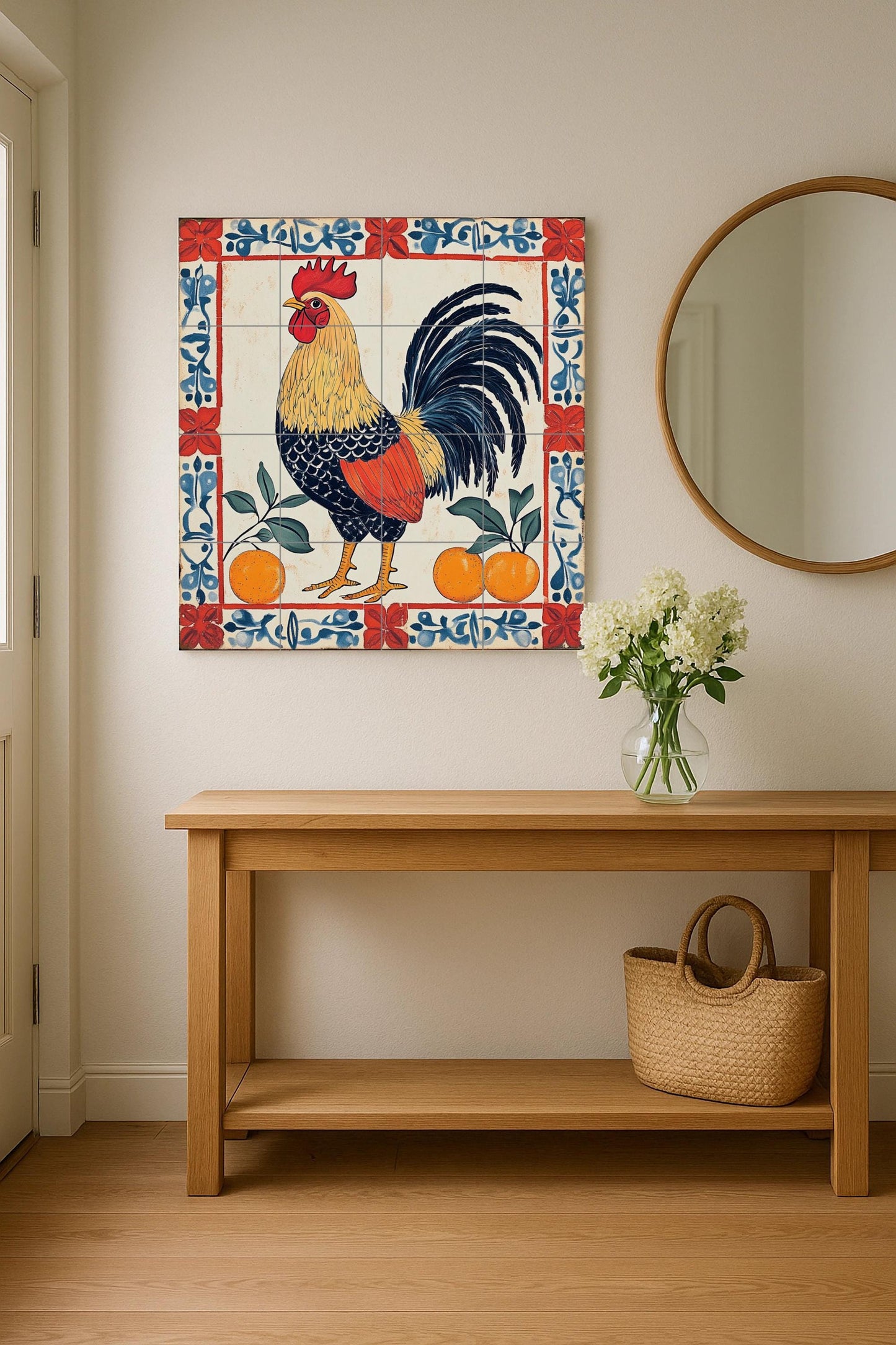 Ceramic mural of a Portuguese rooster – Folk art of the Barcelos Rooster with oranges and floral border, Iberian decorative tile