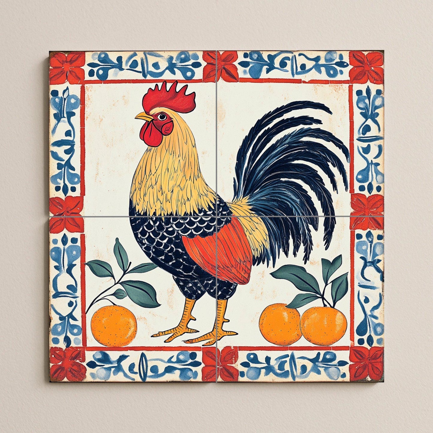 Ceramic mural of a Portuguese rooster – Folk art of the Barcelos Rooster with oranges and floral border, Iberian decorative tile