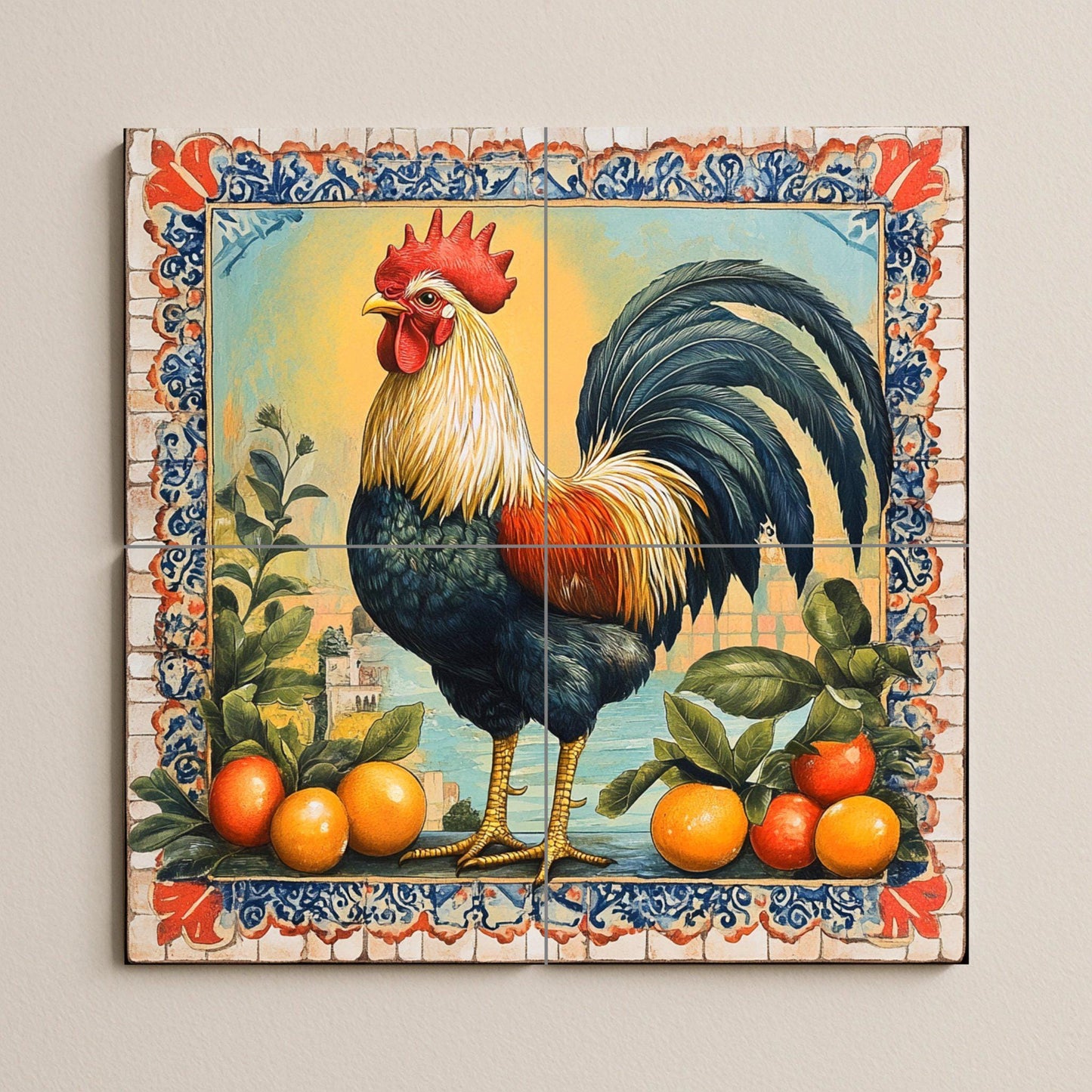 Morning ceramic mural of Seville: Iberian rooster with oranges and Moorish tile border, Andalusian art from southern Spain.