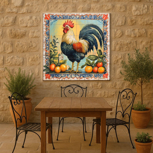 Morning ceramic mural of Seville: Iberian rooster with oranges and Moorish tile border, Andalusian art from southern Spain.